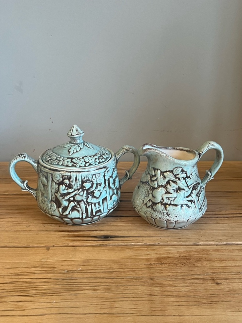 Vintage Green & White Cream and Sugar set features a Tam O Shanter design signed